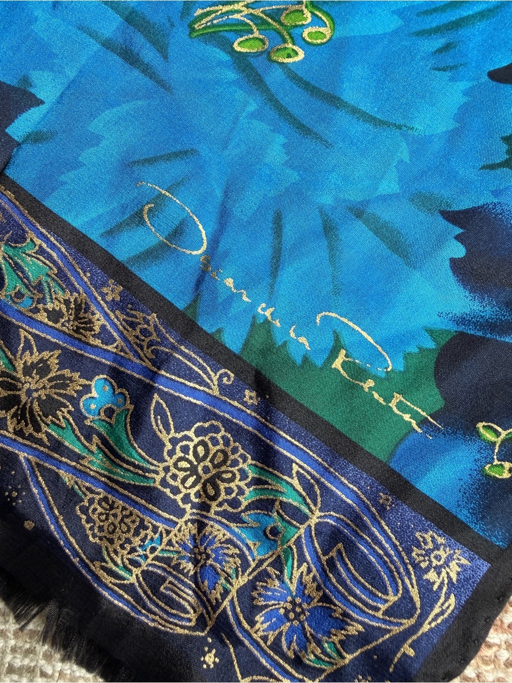 Vintage 80s Oscar de la Renta Teal & Blue Floral Silk Scarf with Gold Detail